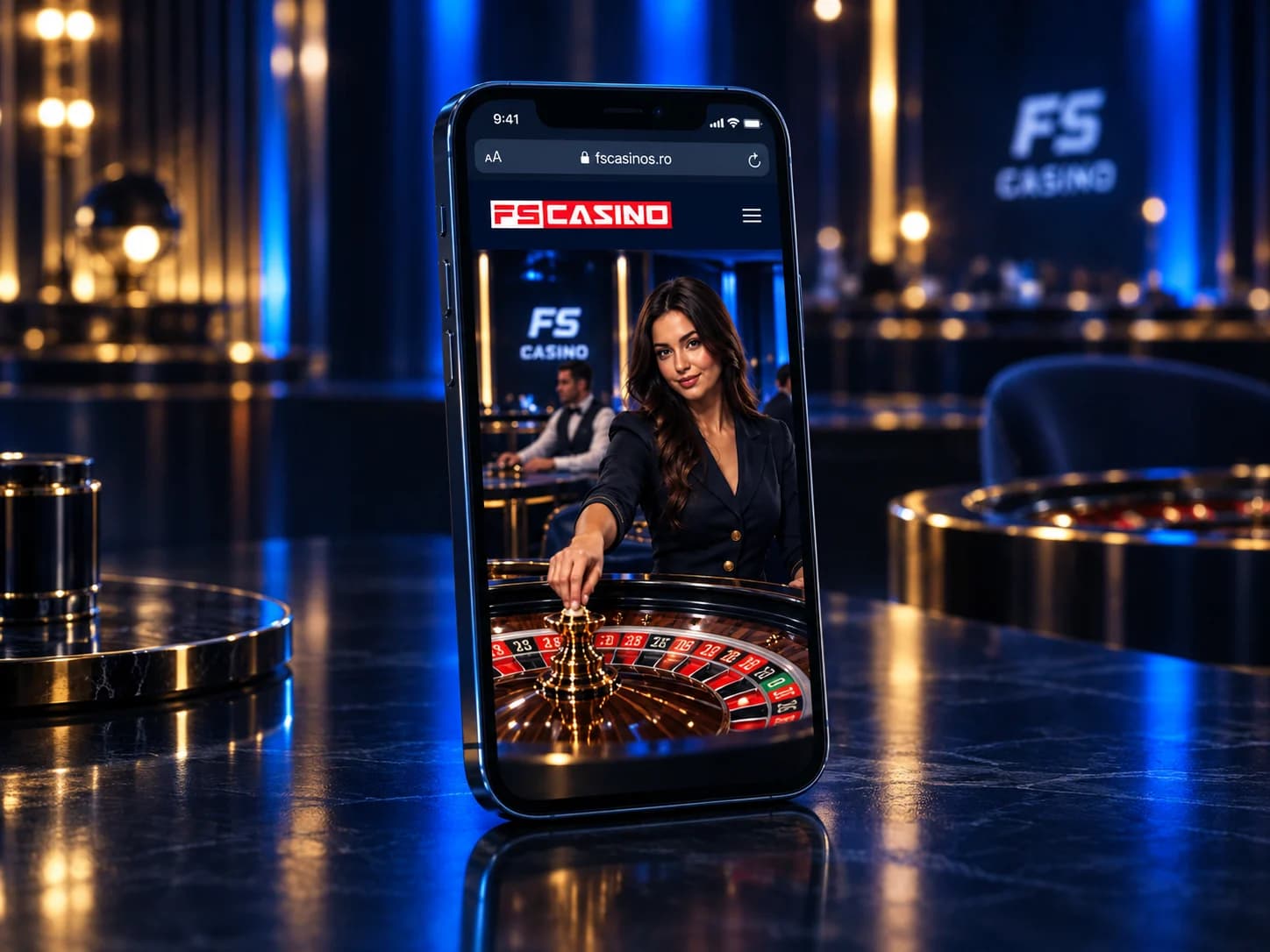 Ilustrație a site-ului fscasinos.ro pe un smartphone într-un studio albastru